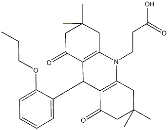 3-(3,3,6,6-tetramethyl-1,8-dioxo-9-(2-propoxyphenyl)-2,3,4,5,6,7,8,9-octahydro-10(1H)-acridinyl)propanoic acid 구조식 이미지