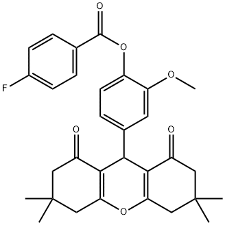 2-methoxy-4-(3,3,6,6-tetramethyl-1,8-dioxo-2,3,4,5,6,7,8,9-octahydro-1H-xanthen-9-yl)phenyl 4-fluorobenzoate 구조식 이미지