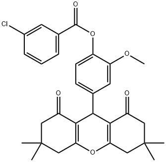 2-methoxy-4-(3,3,6,6-tetramethyl-1,8-dioxo-2,3,4,5,6,7,8,9-octahydro-1H-xanthen-9-yl)phenyl 3-chlorobenzoate 구조식 이미지