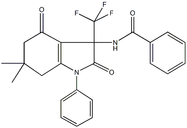 N-[6,6-dimethyl-2,4-dioxo-1-phenyl-3-(trifluoromethyl)-2,3,4,5,6,7-hexahydro-1H-indol-3-yl]benzamide 구조식 이미지