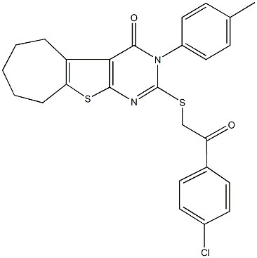 2-{[2-(4-chlorophenyl)-2-oxoethyl]sulfanyl}-3-(4-methylphenyl)-3,5,6,7,8,9-hexahydro-4H-cyclohepta[4,5]thieno[2,3-d]pyrimidin-4-one Structure