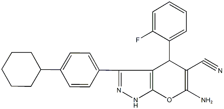 6-amino-3-(4-cyclohexylphenyl)-4-(2-fluorophenyl)-1,4-dihydropyrano[2,3-c]pyrazole-5-carbonitrile Structure