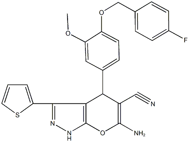 6-amino-4-{4-[(4-fluorobenzyl)oxy]-3-methoxyphenyl}-3-(2-thienyl)-1,4-dihydropyrano[2,3-c]pyrazole-5-carbonitrile Structure