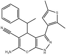 6-amino-3-(2,5-dimethyl-3-thienyl)-4-(1-phenylethyl)-1,4-dihydropyrano[2,3-c]pyrazole-5-carbonitrile Structure