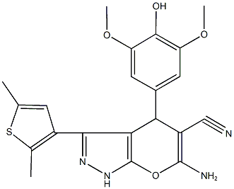 6-amino-3-(2,5-dimethyl-3-thienyl)-4-(4-hydroxy-3,5-dimethoxyphenyl)-1,4-dihydropyrano[2,3-c]pyrazole-5-carbonitrile 구조식 이미지