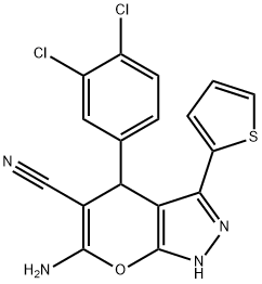 6-amino-4-(3,4-dichlorophenyl)-3-(2-thienyl)-1,4-dihydropyrano[2,3-c]pyrazole-5-carbonitrile 구조식 이미지