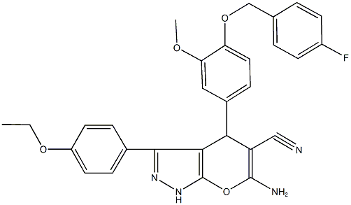 6-amino-3-(4-ethoxyphenyl)-4-{4-[(4-fluorobenzyl)oxy]-3-methoxyphenyl}-1,4-dihydropyrano[2,3-c]pyrazole-5-carbonitrile 구조식 이미지