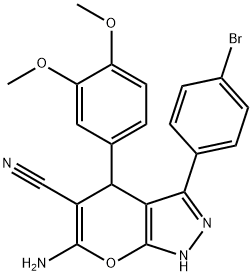 6-amino-3-(4-bromophenyl)-4-(3,4-dimethoxyphenyl)-1,4-dihydropyrano[2,3-c]pyrazole-5-carbonitrile 구조식 이미지