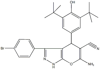 6-amino-3-(4-bromophenyl)-4-(3,5-ditert-butyl-4-hydroxyphenyl)-1,4-dihydropyrano[2,3-c]pyrazole-5-carbonitrile Structure