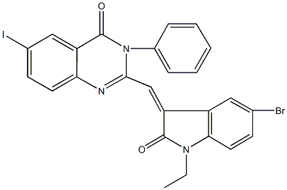 2-[(5-bromo-1-ethyl-2-oxo-1,2-dihydro-3H-indol-3-ylidene)methyl]-6-iodo-3-phenyl-4(3H)-quinazolinone 구조식 이미지