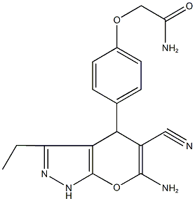 2-[4-(6-amino-5-cyano-3-ethyl-1,4-dihydropyrano[2,3-c]pyrazol-4-yl)phenoxy]acetamide 구조식 이미지