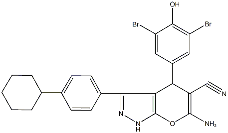 6-amino-3-(4-cyclohexylphenyl)-4-(3,5-dibromo-4-hydroxyphenyl)-1,4-dihydropyrano[2,3-c]pyrazole-5-carbonitrile 구조식 이미지