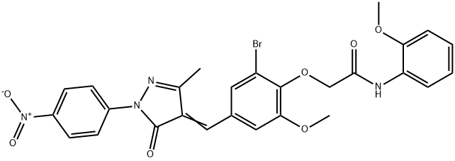 2-{2-bromo-4-[(1-{4-nitrophenyl}-3-methyl-5-oxo-1,5-dihydro-4H-pyrazol-4-ylidene)methyl]-6-methoxyphenoxy}-N-(2-methoxyphenyl)acetamide Structure