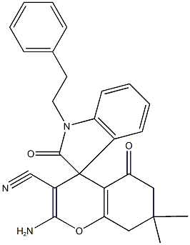 2-amino-3-cyano-7,7-dimethyl-5-oxo-1'-(2-phenylethyl)-1',3',5,6,7,8-hexahydrospiro[4H-chromene-4,3'-(2'H)-indole]-2'-one 구조식 이미지