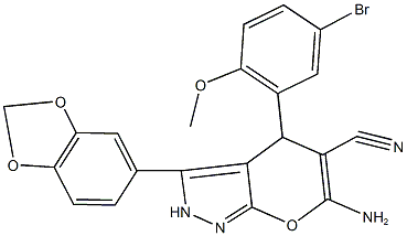 6-amino-3-(1,3-benzodioxol-5-yl)-4-(5-bromo-2-methoxyphenyl)-2,4-dihydropyrano[2,3-c]pyrazole-5-carbonitrile 구조식 이미지