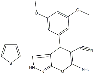 6-amino-4-(3,5-dimethoxyphenyl)-3-(2-thienyl)-2,4-dihydropyrano[2,3-c]pyrazole-5-carbonitrile 구조식 이미지