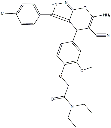 2-{4-[6-amino-3-(4-chlorophenyl)-5-cyano-2,4-dihydropyrano[2,3-c]pyrazol-4-yl]-2-methoxyphenoxy}-N,N-diethylacetamide 구조식 이미지