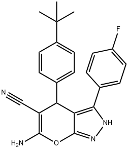 6-amino-4-(4-tert-butylphenyl)-3-(4-fluorophenyl)-2,4-dihydropyrano[2,3-c]pyrazole-5-carbonitrile Structure