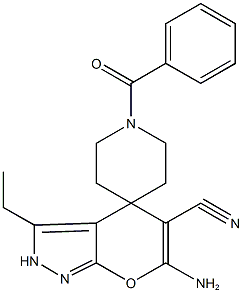 6-amino-3-ethyl-2,4-dihydropyrano[2,3-c]pyrazole-5-carbonitrile-4-spiro-4'-(1'-benzoylpiperidine ) 구조식 이미지