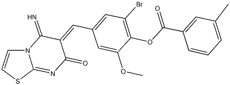 2-bromo-4-[(5-imino-7-oxo-5H-[1,3]thiazolo[3,2-a]pyrimidin-6(7H)-ylidene)methyl]-6-methoxyphenyl 3-methylbenzoate 구조식 이미지
