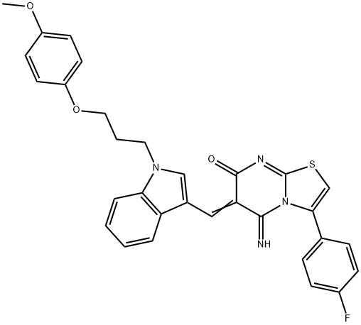 3-(4-fluorophenyl)-5-imino-6-({1-[3-(4-methoxyphenoxy)propyl]-1H-indol-3-yl}methylene)-5,6-dihydro-7H-[1,3]thiazolo[3,2-a]pyrimidin-7-one 구조식 이미지