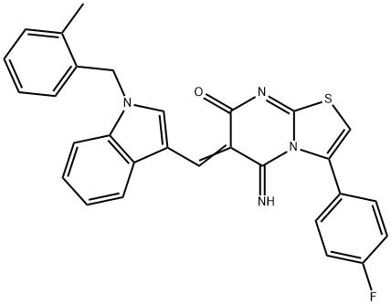3-(4-fluorophenyl)-5-imino-6-{[1-(2-methylbenzyl)-1H-indol-3-yl]methylene}-5,6-dihydro-7H-[1,3]thiazolo[3,2-a]pyrimidin-7-one 구조식 이미지