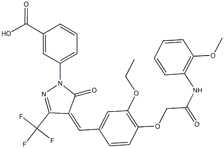 3-[4-{3-ethoxy-4-[2-(2-methoxyanilino)-2-oxoethoxy]benzylidene}-5-oxo-3-(trifluoromethyl)-4,5-dihydro-1H-pyrazol-1-yl]benzoic acid Structure