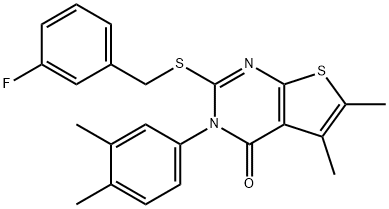 3-(3,4-dimethylphenyl)-2-[(3-fluorobenzyl)sulfanyl]-5,6-dimethylthieno[2,3-d]pyrimidin-4(3H)-one 구조식 이미지