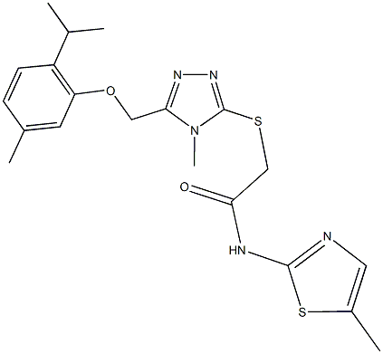 2-({5-[(2-isopropyl-5-methylphenoxy)methyl]-4-methyl-4H-1,2,4-triazol-3-yl}sulfanyl)-N-(5-methyl-1,3-thiazol-2-yl)acetamide 구조식 이미지