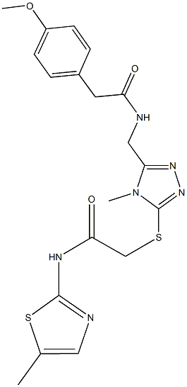 2-(4-methoxyphenyl)-N-{[4-methyl-5-({2-[(5-methyl-1,3-thiazol-2-yl)amino]-2-oxoethyl}sulfanyl)-4H-1,2,4-triazol-3-yl]methyl}acetamide 구조식 이미지