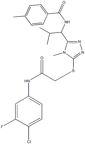 N-[1-(5-{[2-(4-chloro-3-fluoroanilino)-2-oxoethyl]sulfanyl}-4-methyl-4H-1,2,4-triazol-3-yl)-2-methylpropyl]-4-methylbenzamide 구조식 이미지