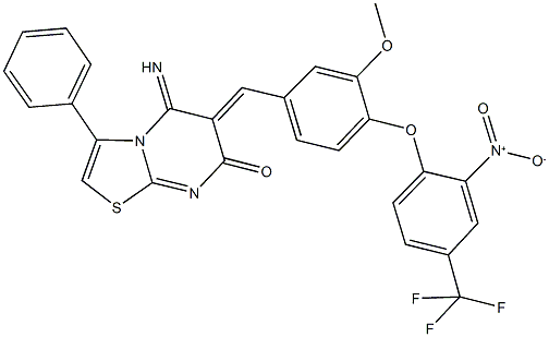 6-{4-[2-nitro-4-(trifluoromethyl)phenoxy]-3-methoxybenzylidene}-5-imino-3-phenyl-5,6-dihydro-7H-[1,3]thiazolo[3,2-a]pyrimidin-7-one 구조식 이미지