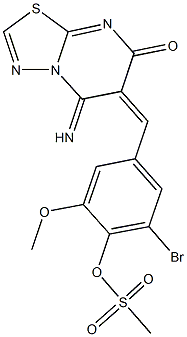 2-bromo-4-[(5-imino-7-oxo-5H-[1,3,4]thiadiazolo[3,2-a]pyrimidin-6(7H)-ylidene)methyl]-6-methoxyphenyl methanesulfonate 구조식 이미지