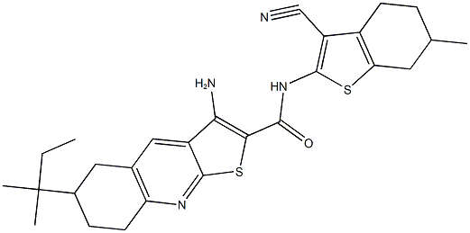 3-amino-N-(3-cyano-6-methyl-4,5,6,7-tetrahydro-1-benzothien-2-yl)-6-tert-pentyl-5,6,7,8-tetrahydrothieno[2,3-b]quinoline-2-carboxamide 구조식 이미지