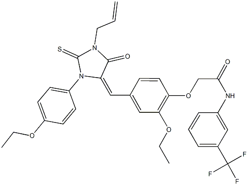 2-(4-{[1-allyl-3-(4-ethoxyphenyl)-5-oxo-2-thioxo-4-imidazolidinylidene]methyl}-2-ethoxyphenoxy)-N-[3-(trifluoromethyl)phenyl]acetamide 구조식 이미지