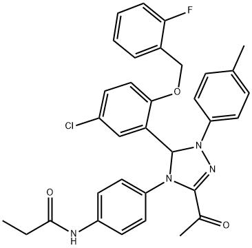 N-{4-[3-acetyl-5-{5-chloro-2-[(2-fluorobenzyl)oxy]phenyl}-1-(4-methylphenyl)-1,5-dihydro-4H-1,2,4-triazol-4-yl]phenyl}propanamide 구조식 이미지