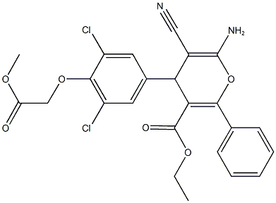 ethyl 6-amino-5-cyano-4-[3,5-dichloro-4-(2-methoxy-2-oxoethoxy)phenyl]-2-phenyl-4H-pyran-3-carboxylate 구조식 이미지