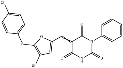 5-({4-bromo-5-[(4-chlorophenyl)sulfanyl]-2-furyl}methylene)-1-phenyl-2-thioxodihydro-4,6(1H,5H)-pyrimidinedione Structure