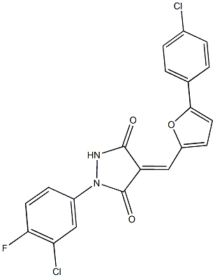 1-(3-chloro-4-fluorophenyl)-4-{[5-(4-chlorophenyl)-2-furyl]methylene}-3,5-pyrazolidinedione Structure
