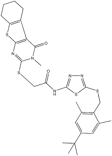 N-{5-[(4-tert-butyl-2,6-dimethylbenzyl)sulfanyl]-1,3,4-thiadiazol-2-yl}-2-[(3-methyl-4-oxo-3,4,5,6,7,8-hexahydro[1]benzothieno[2,3-d]pyrimidin-2-yl)sulfanyl]acetamide Structure