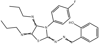 2-hydroxybenzaldehyde [3-(4-fluorophenyl)-4,5-bis(propylimino)-1,3-thiazolidin-2-ylidene]hydrazone Structure