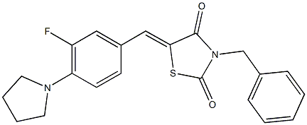 3-benzyl-5-[3-fluoro-4-(1-pyrrolidinyl)benzylidene]-1,3-thiazolidine-2,4-dione Structure