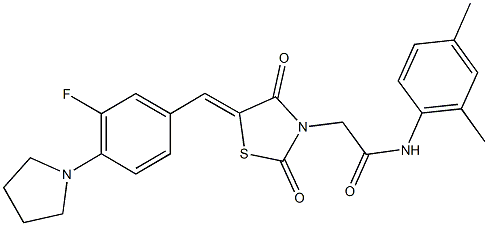 N-(2,4-dimethylphenyl)-2-{5-[3-fluoro-4-(1-pyrrolidinyl)benzylidene]-2,4-dioxo-1,3-thiazolidin-3-yl}acetamide 구조식 이미지