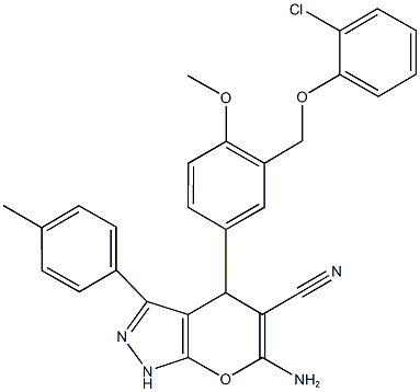 6-amino-4-{3-[(2-chlorophenoxy)methyl]-4-methoxyphenyl}-3-(4-methylphenyl)-1,4-dihydropyrano[2,3-c]pyrazole-5-carbonitrile Structure