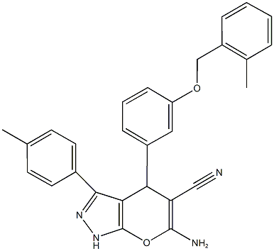 6-amino-4-{3-[(2-methylbenzyl)oxy]phenyl}-3-(4-methylphenyl)-1,4-dihydropyrano[2,3-c]pyrazole-5-carbonitrile Structure