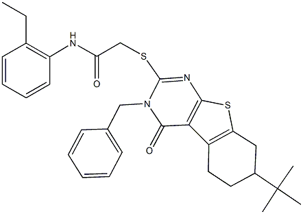 2-[(3-benzyl-7-tert-butyl-4-oxo-3,4,5,6,7,8-hexahydro[1]benzothieno[2,3-d]pyrimidin-2-yl)sulfanyl]-N-(2-ethylphenyl)acetamide 구조식 이미지