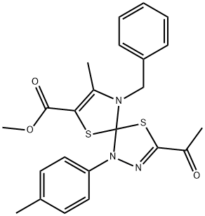 methyl 3-acetyl-9-benzyl-8-methyl-1-(4-methylphenyl)-4,6-dithia-1,2,9-triazaspiro[4.4]nona-2,7-diene-7-carboxylate 구조식 이미지