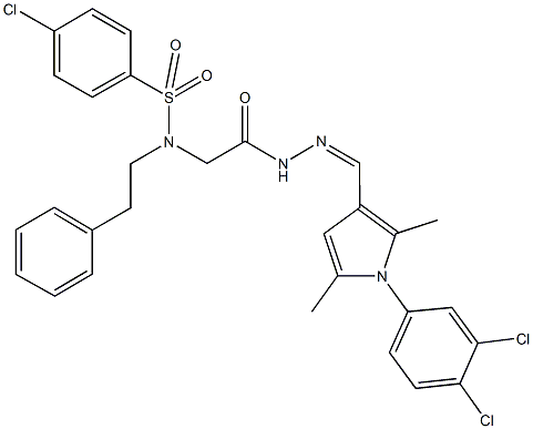 4-chloro-N-[2-(2-{[1-(3,4-dichlorophenyl)-2,5-dimethyl-1H-pyrrol-3-yl]methylene}hydrazino)-2-oxoethyl]-N-(2-phenylethyl)benzenesulfonamide 구조식 이미지