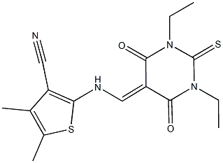 2-{[(1,3-diethyl-4,6-dioxo-2-thioxotetrahydro-5(2H)-pyrimidinylidene)methyl]amino}-4,5-dimethyl-3-thiophenecarbonitrile 구조식 이미지