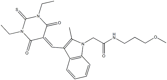 2-{3-[(1,3-diethyl-4,6-dioxo-2-thioxotetrahydro-5(2H)-pyrimidinylidene)methyl]-2-methyl-1H-indol-1-yl}-N-(3-methoxypropyl)acetamide Structure